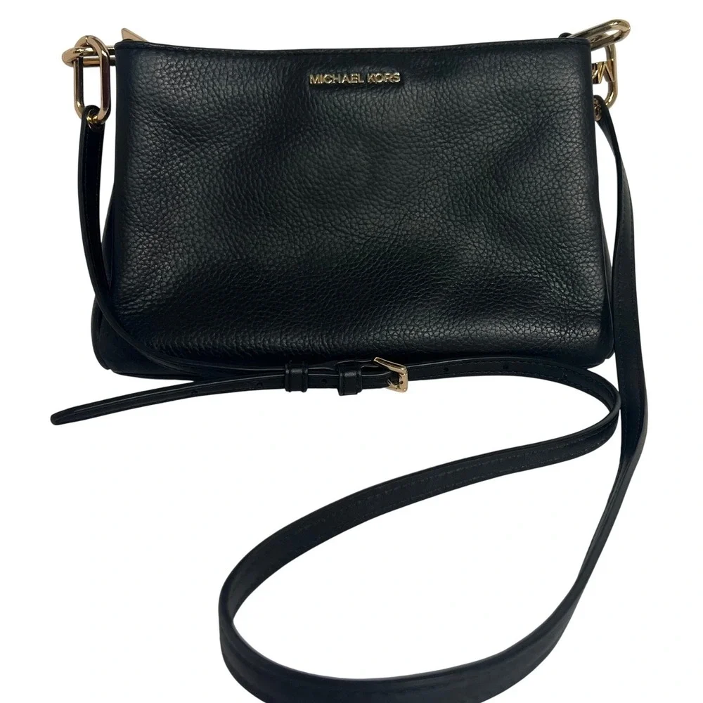Michael Kors Trisha Crossbody Women Medium Black Pebbled Leather Gold Hardware